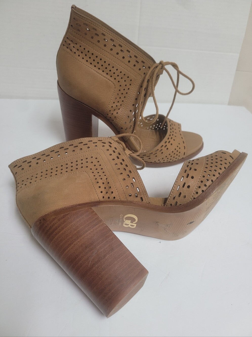 Gianni Bini Gypsie Daze Perforated Lace-Up Block Heel Sandals - Camel/Tan 10M